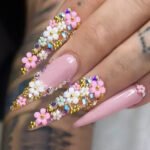 24Pcs French False Press On Nails Purple Edge  Almond Bow Flower Design