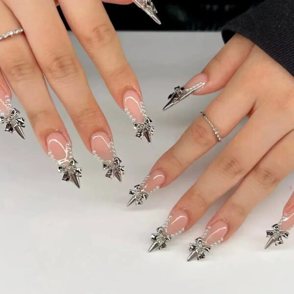 24Pcs French False Press On Nails Purple Edge  Almond Bow Flower Design