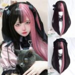 OLACARE Synthetic Long Straight Lolita Wig with Bangs Wig  Mixed Black Red Blonde Cosplay