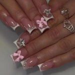 24Pcs Pink French Style Fake Press on Nails 3D Bowknot Designs Short Square