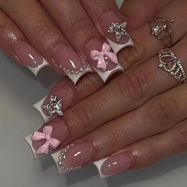 24Pcs Pink French Style Fake Press on Nails 3D Bowknot Designs Short Square