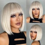 Brown Blonde Ombre Synthetic Wigs Short Straight Bob Wigs for Women Middle Part Lolita Cosplay Natural Hair Heat Resistant Fiber