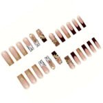 24 pieces of long square Gold Diamond French white leopard False Nails