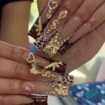 24 pieces of long square Gold Diamond French white leopard False Nails