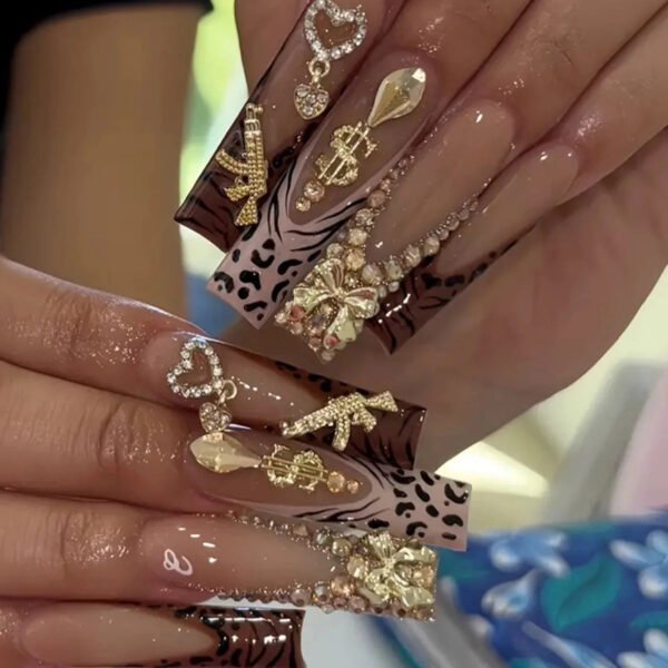 24 pieces of long square Gold Diamond French white leopard False Nails