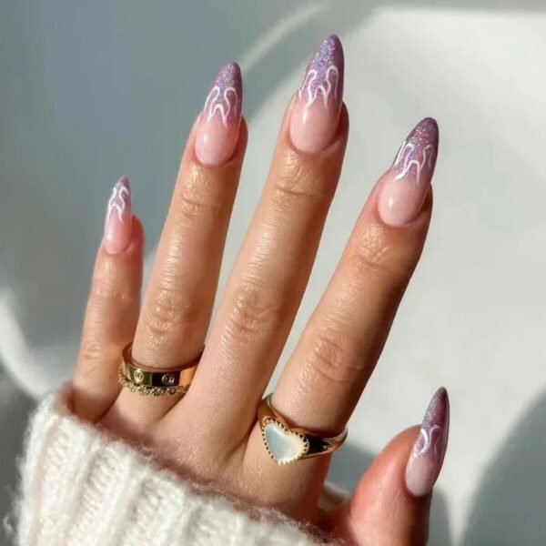 24Pcs French False Press On Nails Purple Edge  Almond Bow Flower Design