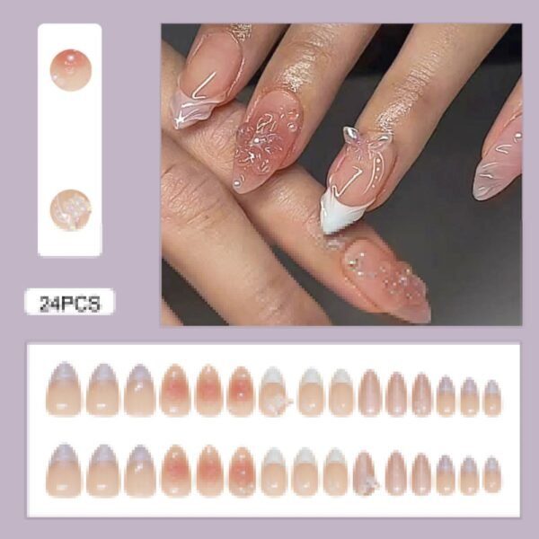 24pcs White Flower Fake Press on Nail Tips Yellow Pink Blush Full Cover Almond Shaped