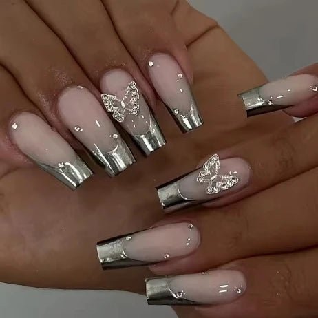 24Pcs Gold French Border False Long Coffin Press on Nails with Rhinestones Ballerina Full Cover