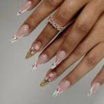 24Pcs French False Press On Nails Purple Edge  Almond Bow Flower Design
