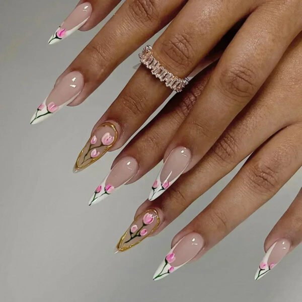 24Pcs French False Press On Nails Purple Edge  Almond Bow Flower Design