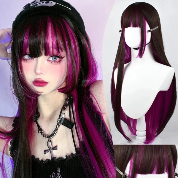 OLACARE Synthetic Long Straight Lolita Wig with Bangs Wig  Mixed Black Red Blonde Cosplay