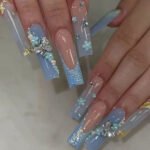 24Pcs Gold French Border False Long Coffin Press on Nails with Rhinestones Ballerina Full Cover
