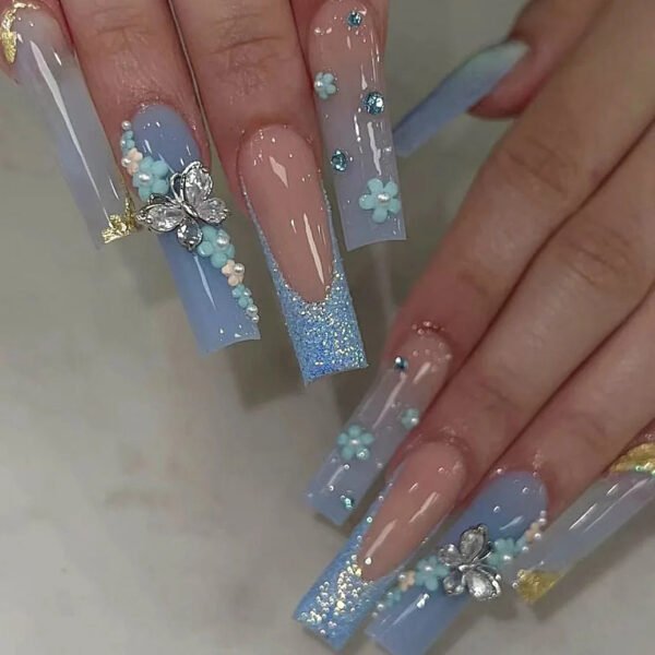 24Pcs Gold French Border False Long Coffin Press on Nails with Rhinestones Ballerina Full Cover