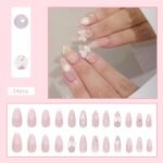 24pcs White Flower Fake Press on Nail Tips Yellow Pink Blush Full Cover Almond Shaped