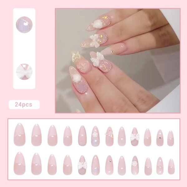 24pcs White Flower Fake Press on Nail Tips Yellow Pink Blush Full Cover Almond Shaped