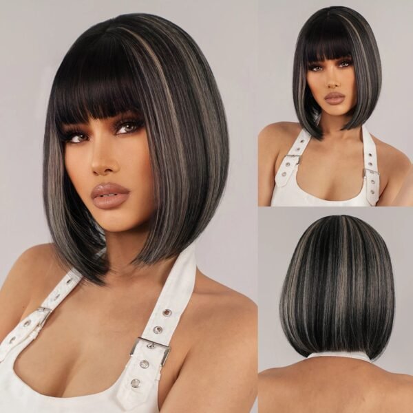 Brown Blonde Ombre Synthetic Wigs Short Straight Bob Wigs for Women Middle Part Lolita Cosplay Natural Hair Heat Resistant Fiber