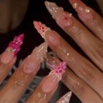 24Pcs French False Press On Nails Purple Edge  Almond Bow Flower Design
