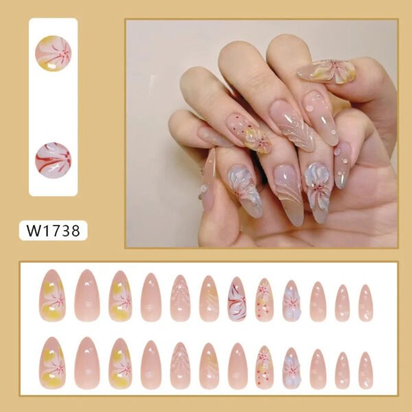 24pcs White Flower Fake Press on Nail Tips Yellow Pink Blush Full Cover Almond Shaped