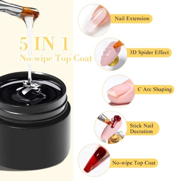 5-in-1 Glue Gel  - Reinforcement Gel, No-Wipe Top Coat, Manicure UV LED Soak Off Nail Gel Varnish for 3D Chrome Design