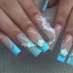 24Pcs Gold French Border False Long Coffin Press on Nails with Rhinestones Ballerina Full Cover