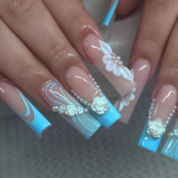 24Pcs Gold French Border False Long Coffin Press on Nails with Rhinestones Ballerina Full Cover