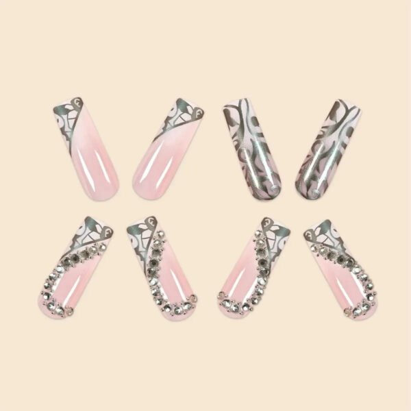 Luxury Fashion Ladies Super Long Square French Silver Vine Patchwork Diamond Heart  Full Coverage Wearable Fake Nails
