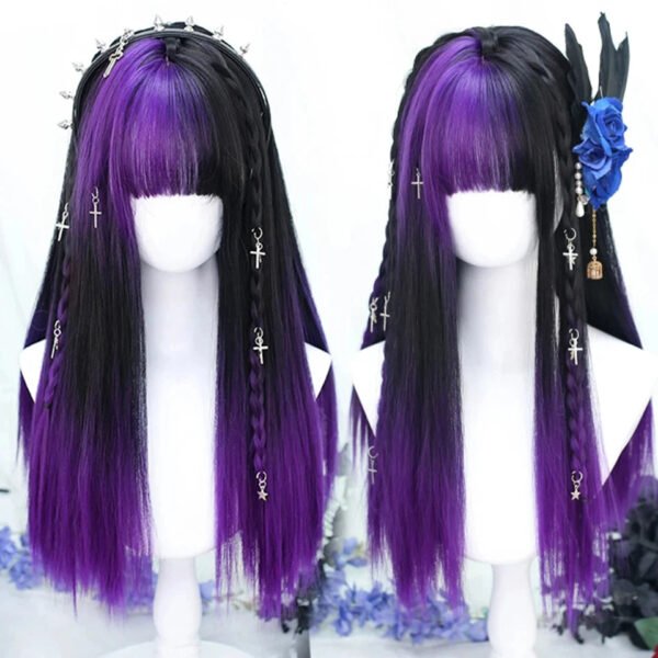 OLACARE Synthetic Long Straight Lolita Wig with Bangs Wig  Mixed Black Red Blonde Cosplay