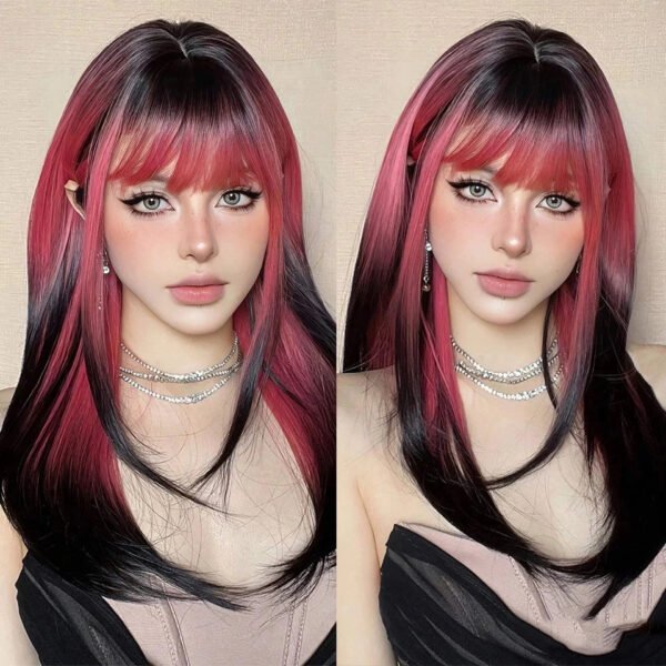 OLACARE Synthetic Long Straight Lolita Wig with Bangs Wig  Mixed Black Red Blonde Cosplay