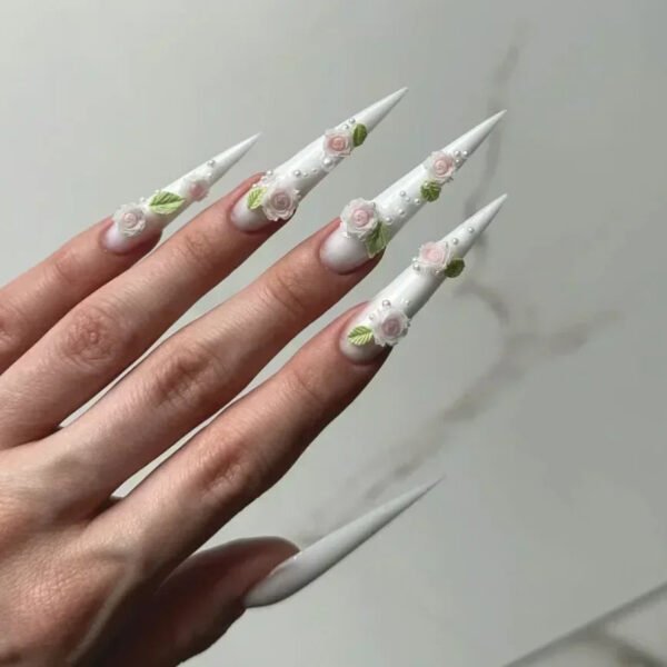 24Pcs French False Press On Nails Purple Edge  Almond Bow Flower Design