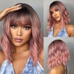 Women Grey Wavy Bob Wigs with Bangs Short Blonde Ombre Synthetic Wig with Dark Roots Natural Hair for Daily Use