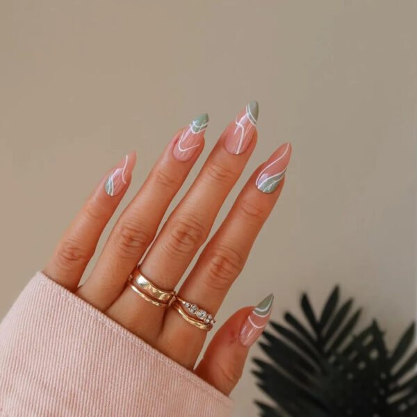 24pcs Full Cover Long False Press On Nails With Designs Light Green Stripe Gradient