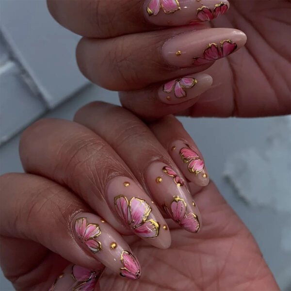 24pcs White Flower Fake Press on Nail Tips Yellow Pink Blush Full Cover Almond Shaped