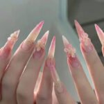 24Pcs French False Press On Nails Purple Edge  Almond Bow Flower Design