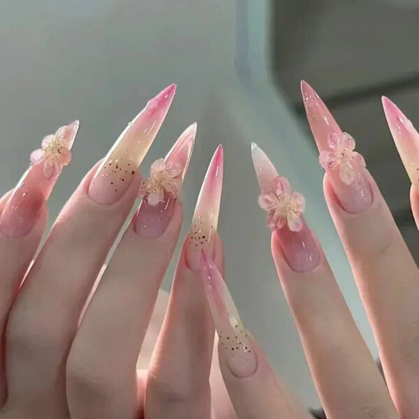 24Pcs French False Press On Nails Purple Edge  Almond Bow Flower Design