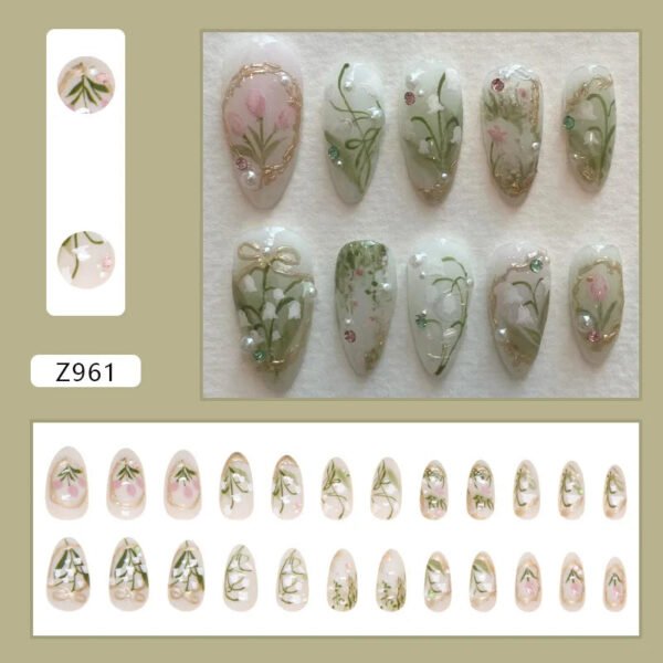 24pcs White Flower Fake Press on Nail Tips Yellow Pink Blush Full Cover Almond Shaped