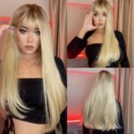 Long Straight Blonde Synthetic Wigs highlight Golden Hair Natural Female wig Middle Part Wigs For Cosplay Party Heat Resistant