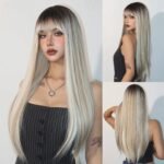 Long Straight Blonde Synthetic Wigs highlight Golden Hair Natural Female wig Middle Part Wigs For Cosplay Party Heat Resistant